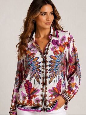 Tropical Boho Print Button Front Blouse Colorful Statement Long Sleeve Top